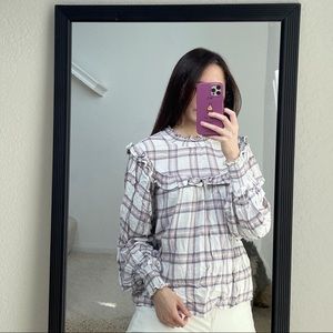 Free People Plaid Ruffle Blouse with Puffy Sleeves